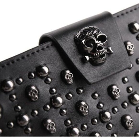 ✨ Shinywear Leather Card Holder Women Black Long Skull Studded Genuine Wallet - Picture 5 of 5